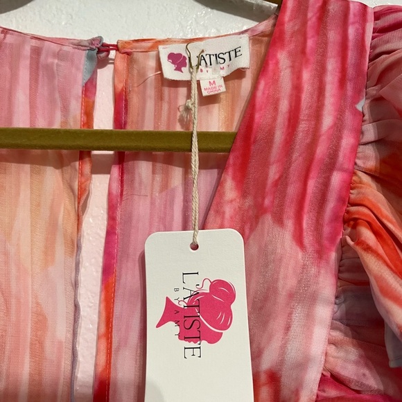 NWT L’atiste By Amy Womens M Multicolor Ruffle Mini Dress Deep V Puff Sleeve - Picture 6 of 14